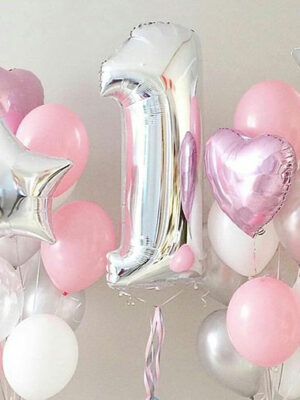 Кульки на один рік дівчинці «Рожевий, срібло, білий»